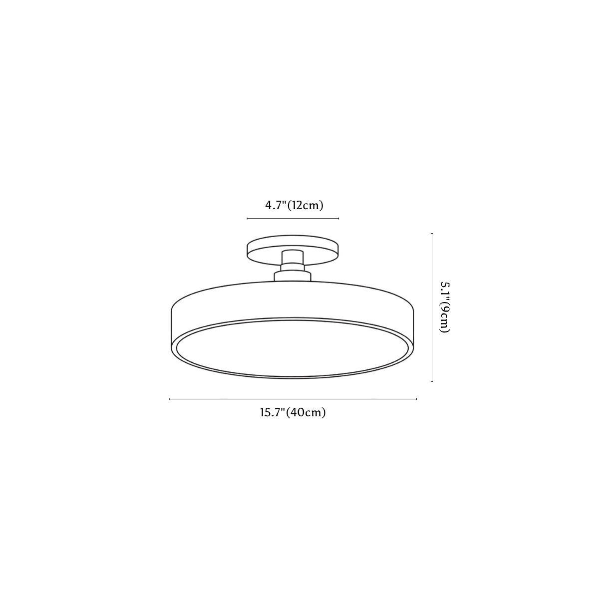 Clérachic ceiling light dimension drawing, 2, every measurement marked in centimetres and inches.