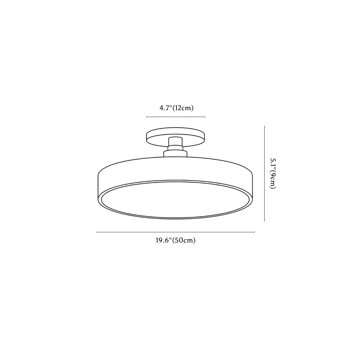 Clérachic ceiling light dimension drawing, 3, every measurement marked in centimetres and inches.