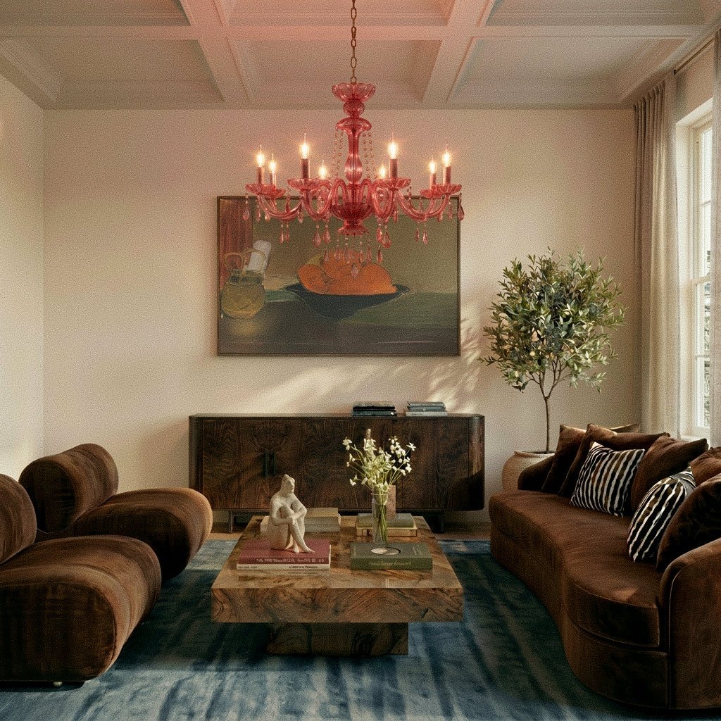 Clérachic crystal chandelier hangs warm red-toned above a coffered-ceiling living room with a burgundy sofa.