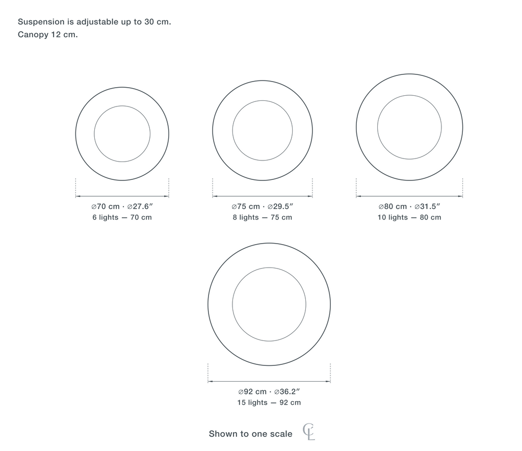 Technical dimension drawing of the Clérachic Pink Crystal Chandelier for Dining Table, 70 to 92 cm in all 4 sizes — 6 lights at 70 cm (27.6″) across, 8 lights at 75 cm (29.5″) across, 10 lights at 80 cm (31.5″) across, 15 lights at 92 cm (36.2″) across, drawn to one scale.