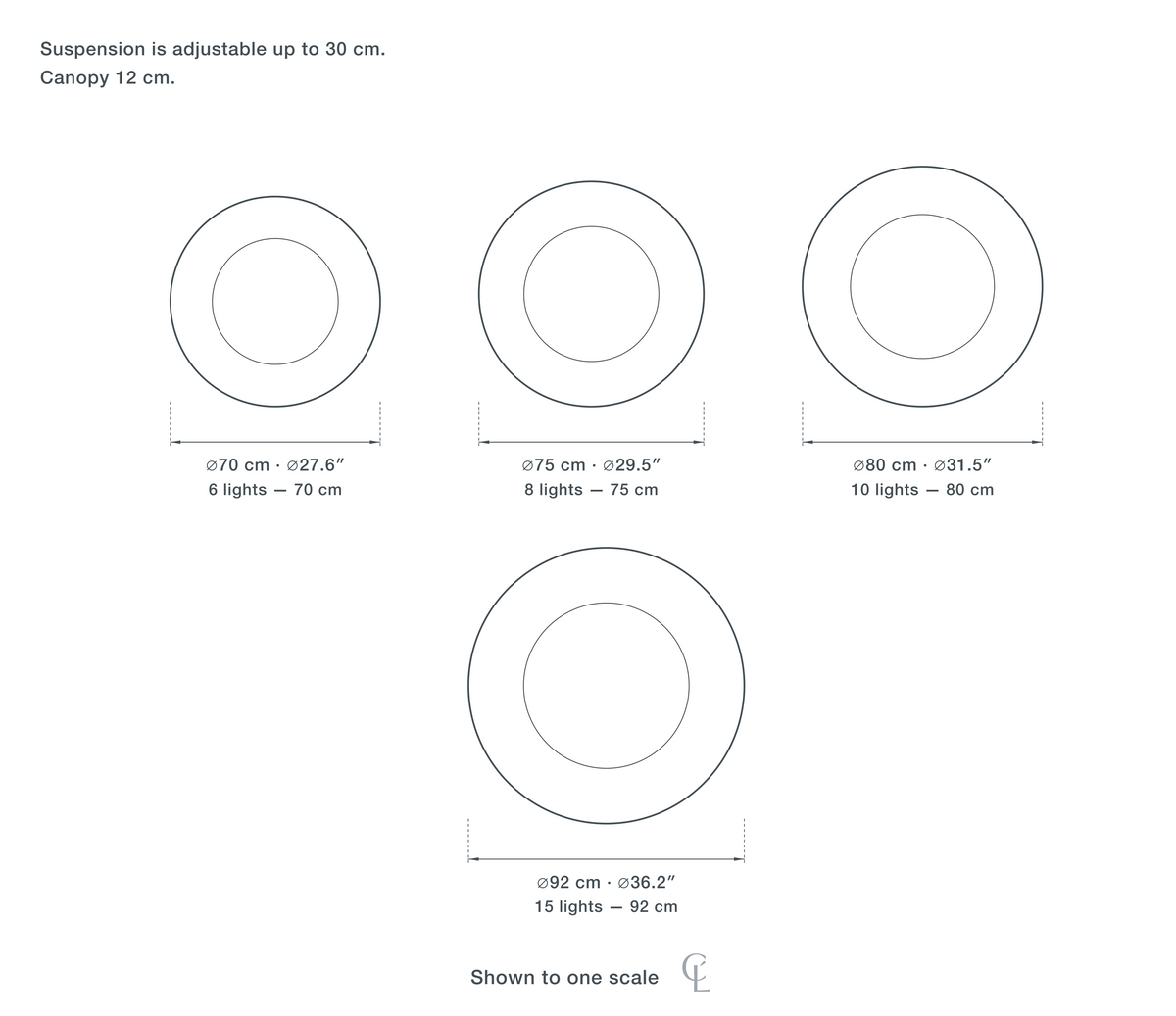 Technical dimension drawing of the Clérachic Pink Crystal Chandelier for Dining Table, 70 to 92 cm in all 4 sizes — 6 lights at 70 cm (27.6″) across, 8 lights at 75 cm (29.5″) across, 10 lights at 80 cm (31.5″) across, 15 lights at 92 cm (36.2″) across, drawn to one scale.