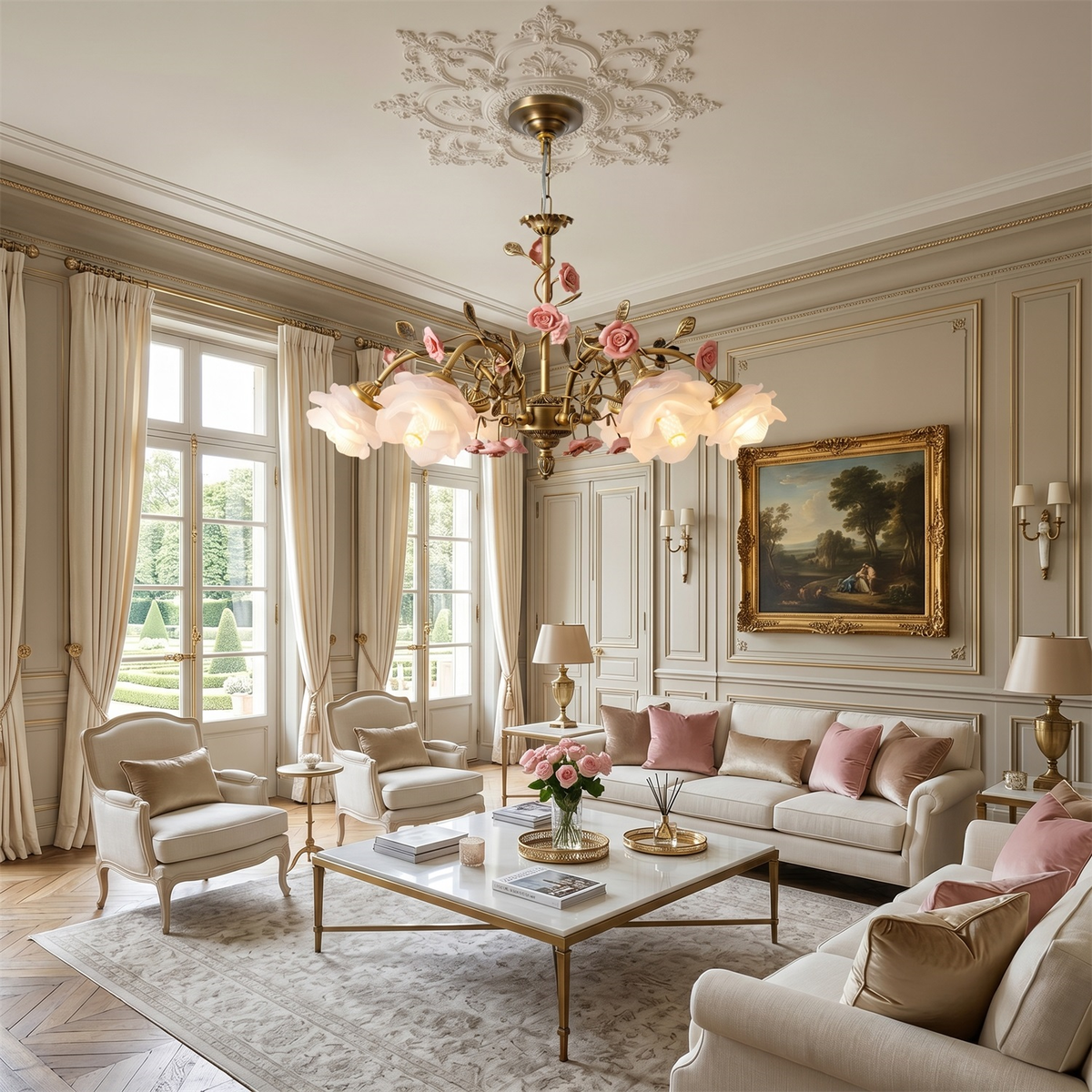 Clérachic rose chandelier lit in a tall cream drawing room with a pale sofa, pink cushions, long curtains and French windows.