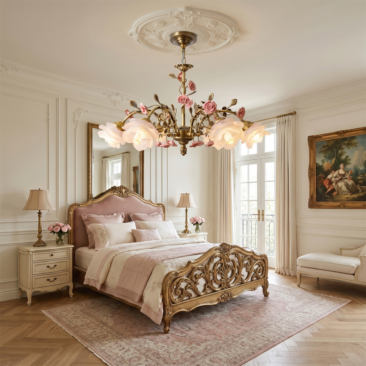 A Clérachic rose chandelier glowing above a carved gilt bed with a pink headboard, in a cream bedroom with a patterned rug.
