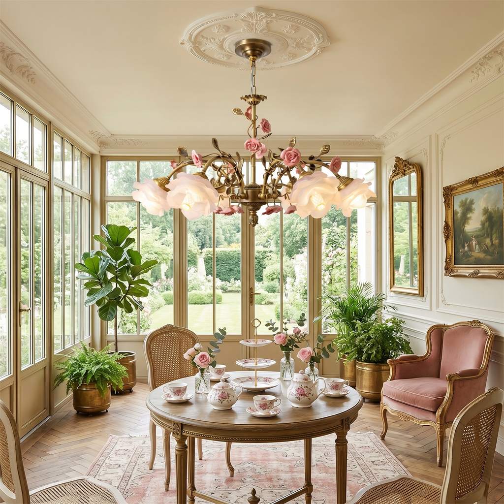 Clérachic chandelier with glass rose shades hung in a bright garden room, above a round table set for tea beside a pink armchair.