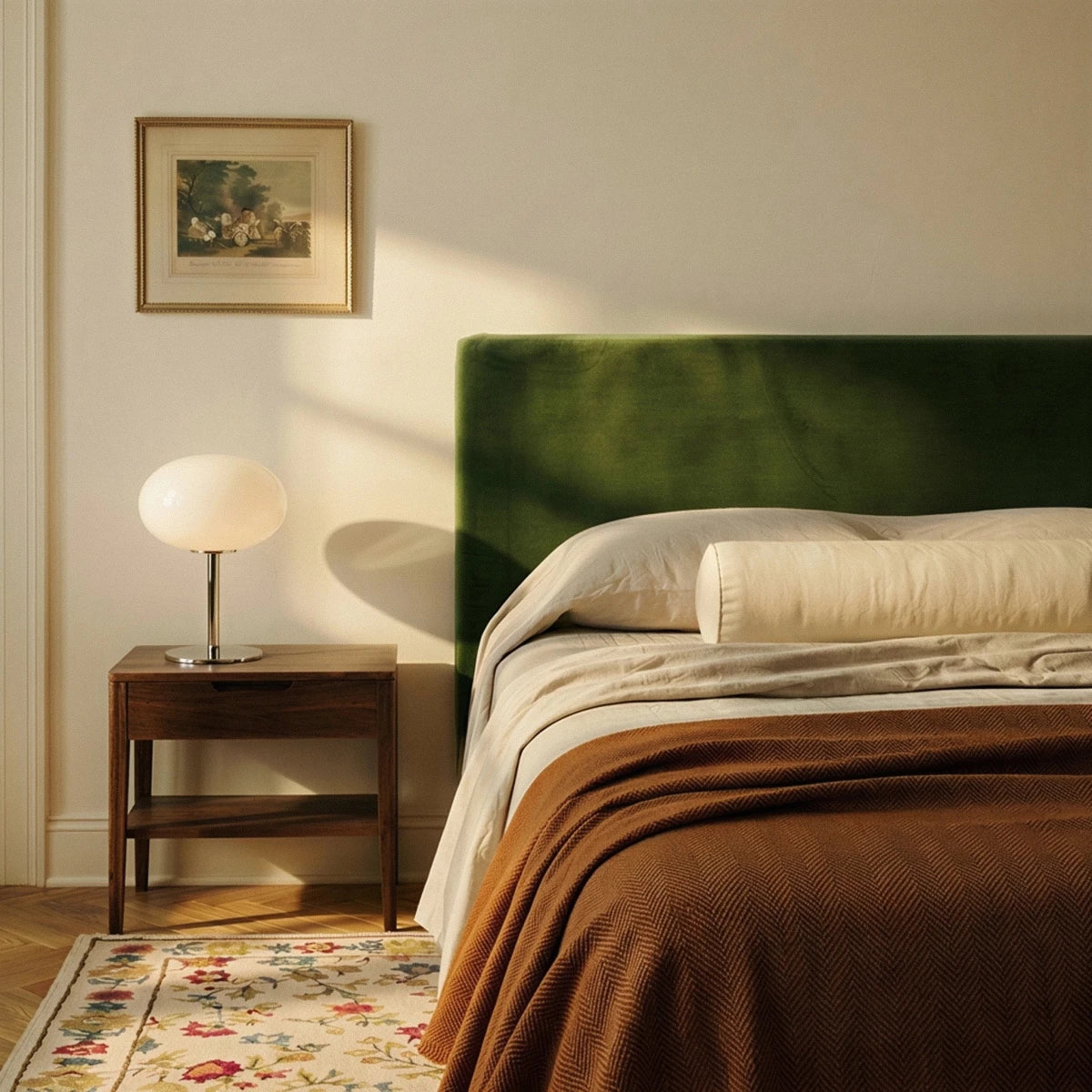 Clérachic globe table lamp glowing warmly on a walnut nightstand beside a bed with a green velvet headboard.