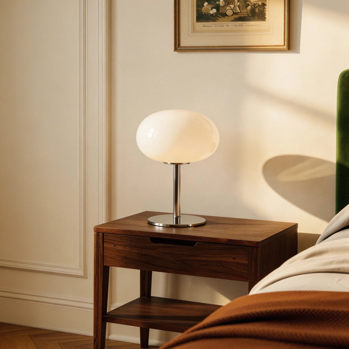 Clérachic globe table lamp glowing on a walnut nightstand beside a bed with a green velvet headboard.