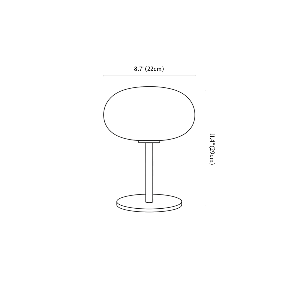 Clérachic table lamp dimension drawing, every measurement marked in centimetres and inches.