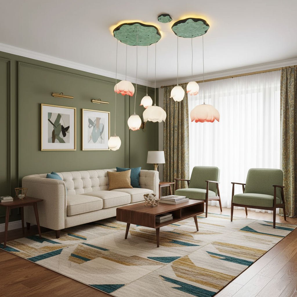 Bud-shaped pendants from Clérachic hang from green lily-pad canopies in a sage-green living room with a cream sofa and olive armchairs.