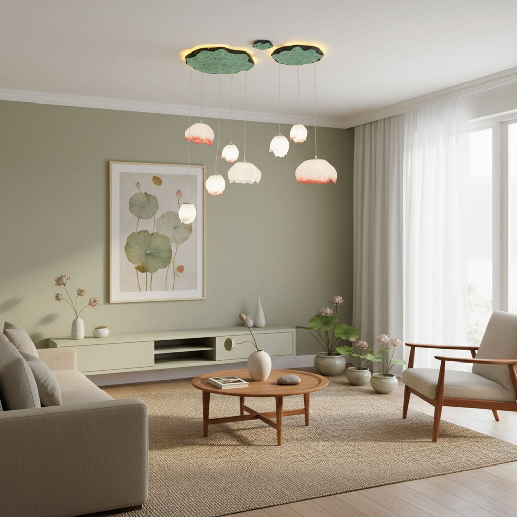 A Clérachic water-lily pendant cluster hangs high in a sage-green living room, with a low media unit and a framed lily-pad print on the wall.