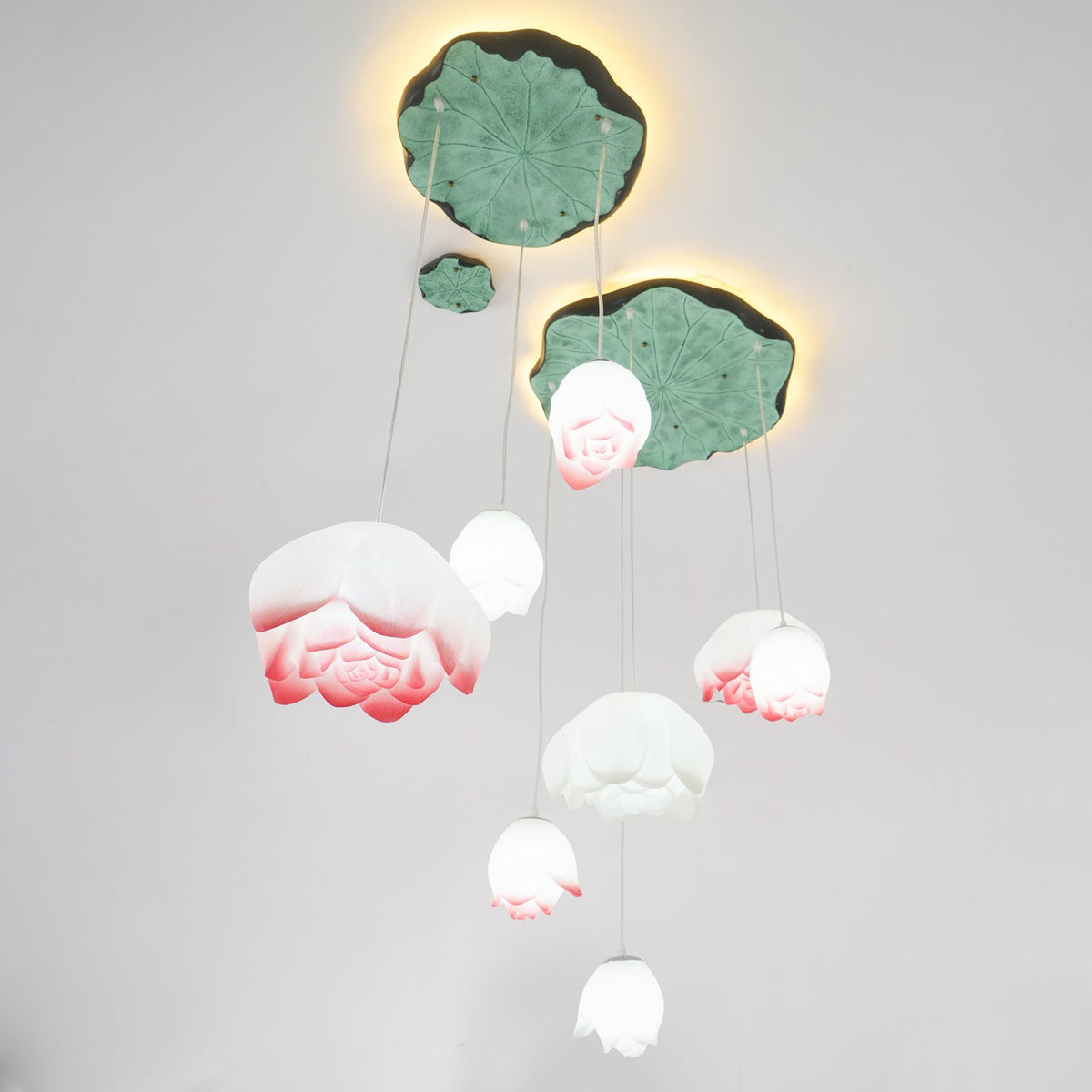 The Clérachic water-lily pendant cluster lit against a white wall, with the buds glowing white and coral beneath glowing lily-pad canopies.