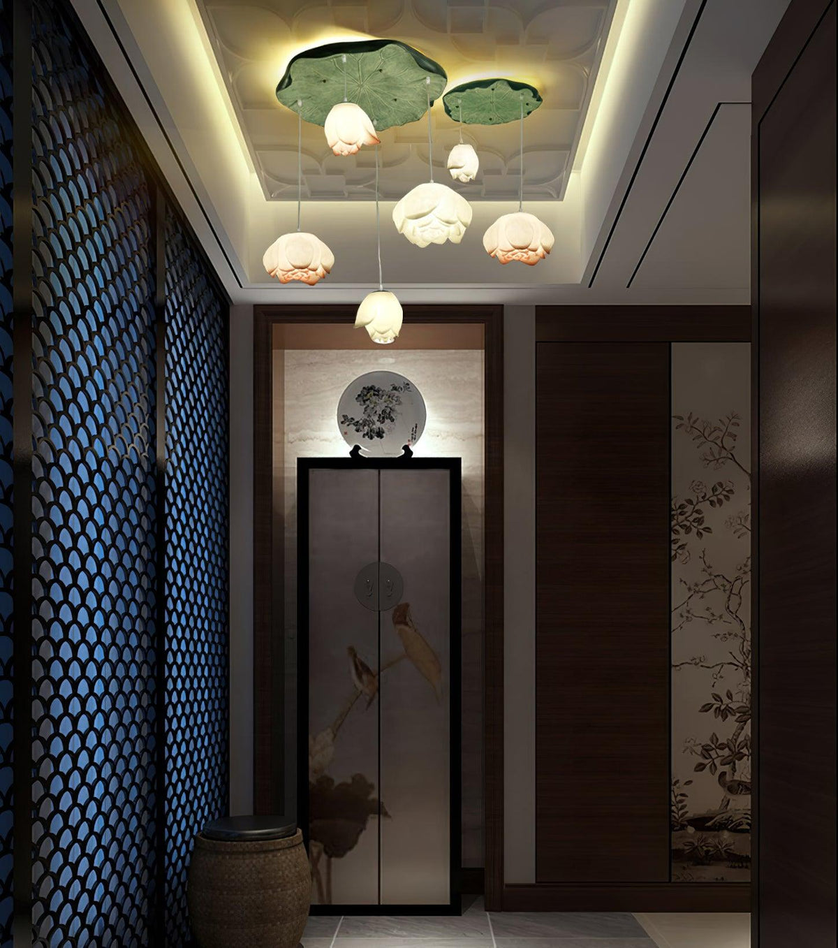 Along a dark hallway with a blue lattice screen, a Clérachic water-lily pendant cluster glows beneath a recessed ceiling with a warm cove light.