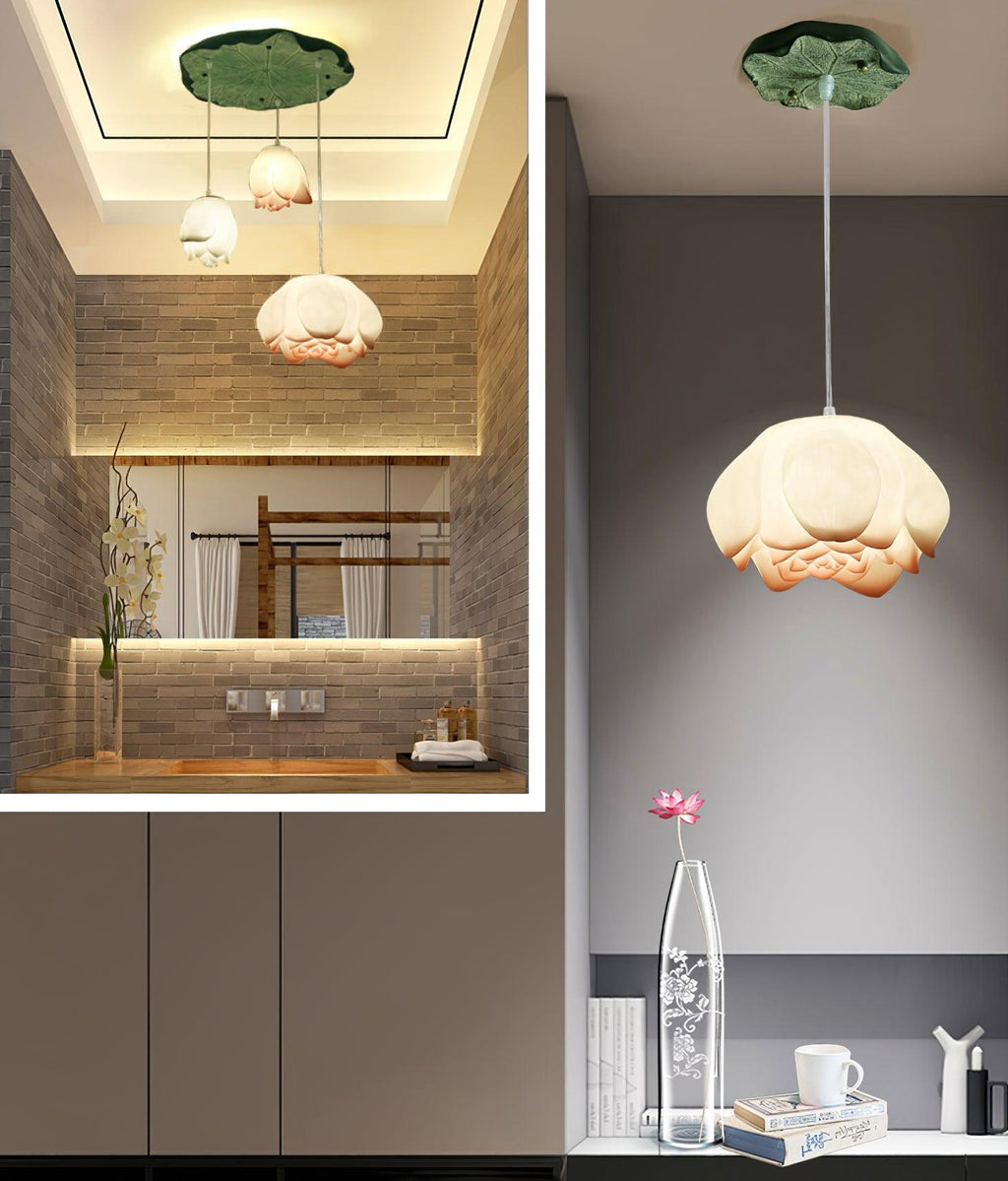 A composite of two rooms: a Clérachic water-lily cluster above a bathroom vanity, and a single water-lily pendant beside a kitchen counter.