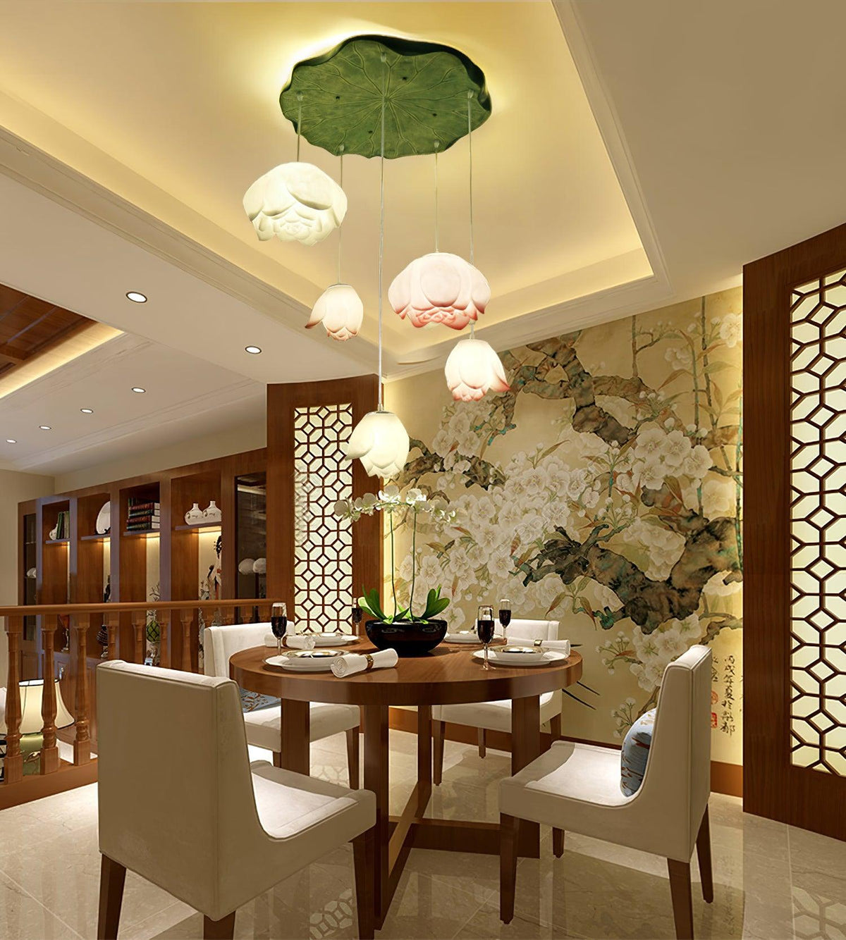 Hung over a round dining table in a room with a lit tray ceiling, a Clérachic water-lily cluster glows with pink and white buds.