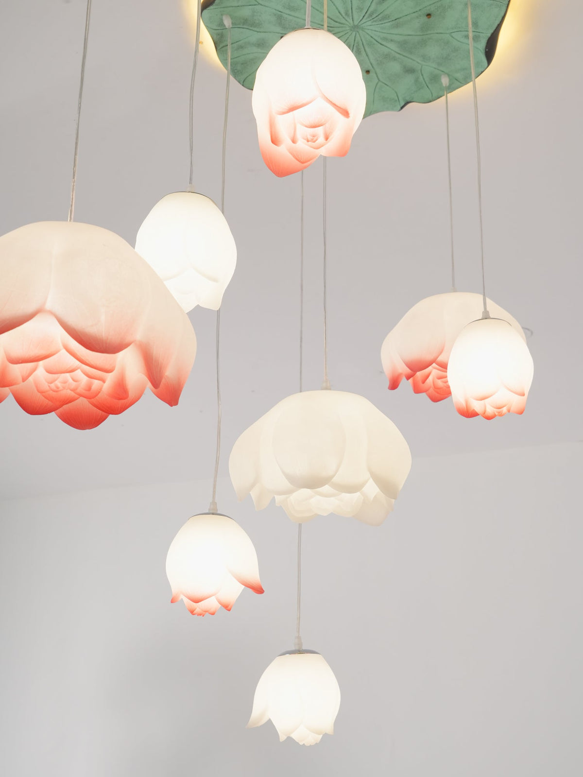 A closer view of this Clérachic chandelier, with white and pink-tipped water-lily petals hanging at varied heights below a green lily-pad plate.
