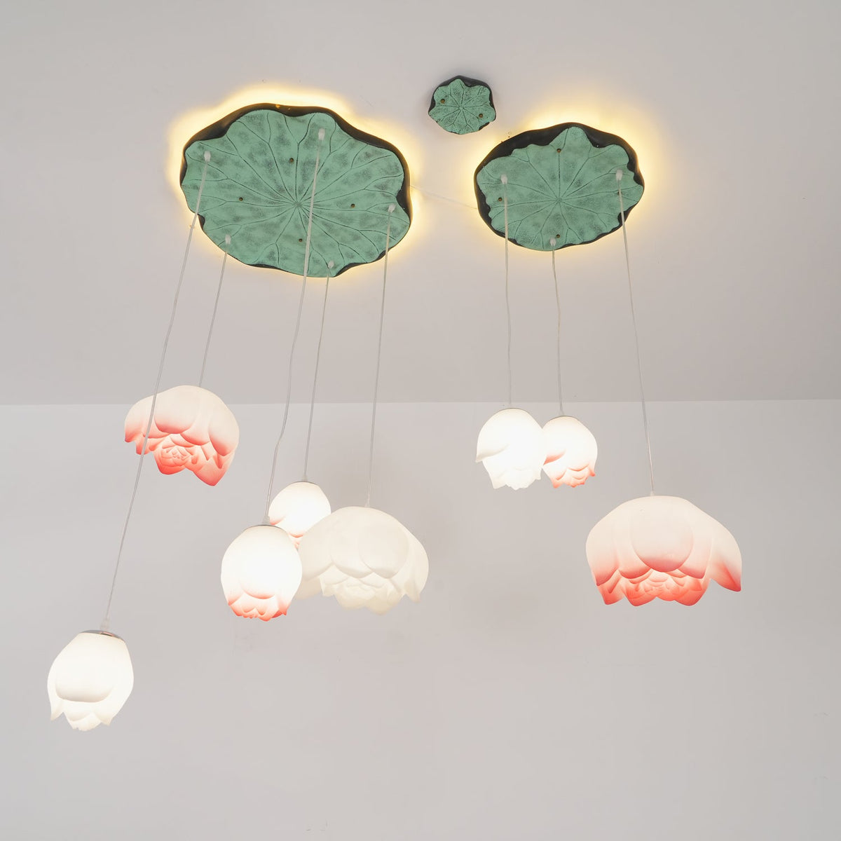 The Clérachic water-lily pendants seen from below, with pale buds hanging beneath two lily-pad canopies lit from behind.