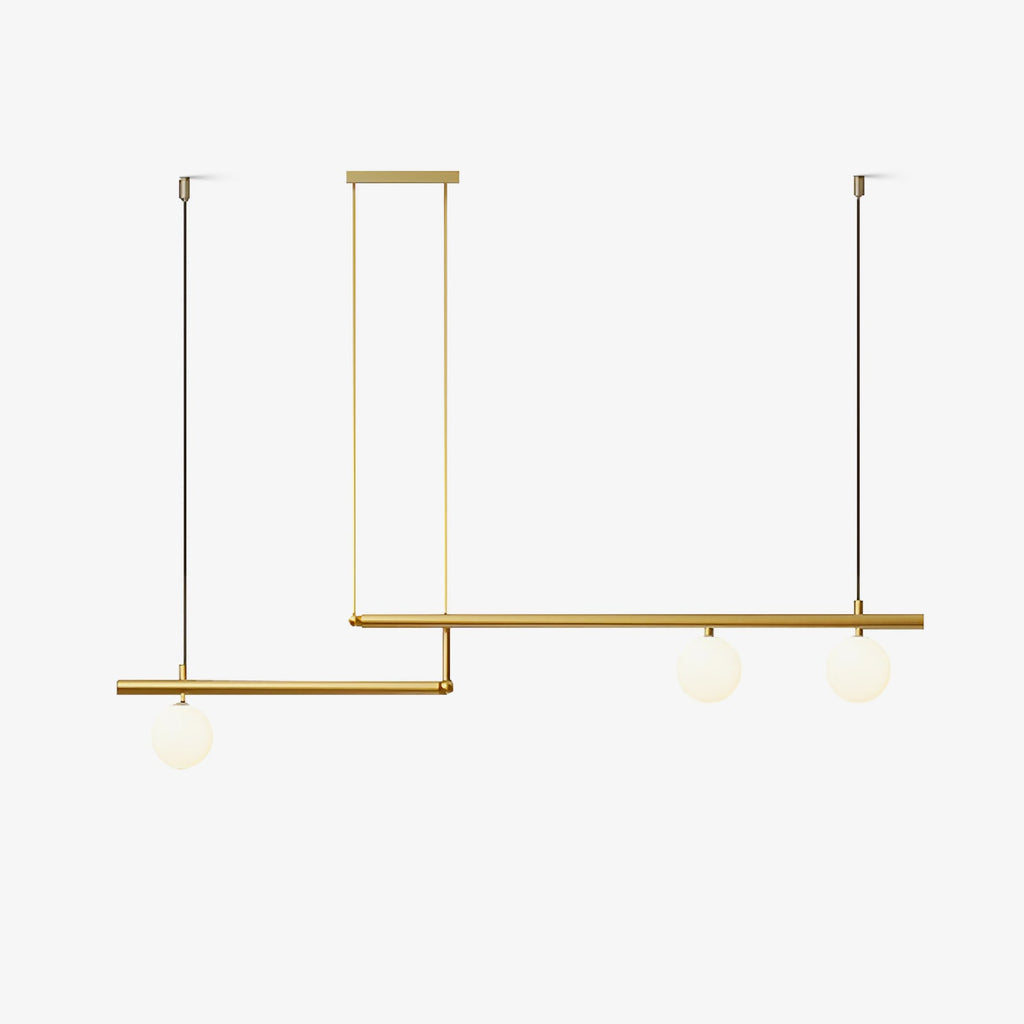 This Clérachic ceiling pendant on a plain white backdrop, with two offset gold bars carrying three opal glass globes.