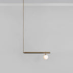 Single-globe Clérachic pendant on a plain grey background, with a long gold rod and one short bar holding an opal globe.