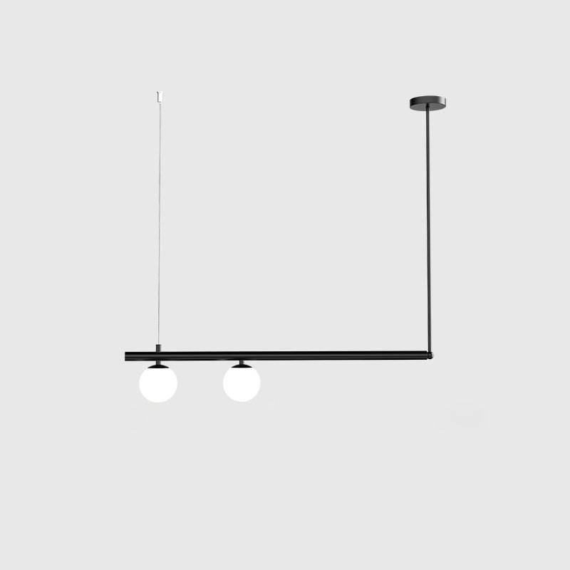 Two-globe black Clérachic pendant with a round ceiling cap and a long bar, on a light grey background.