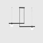 Black Clérachic pendant with two offset bars and two opal globes, hung from a rectangular ceiling plate.