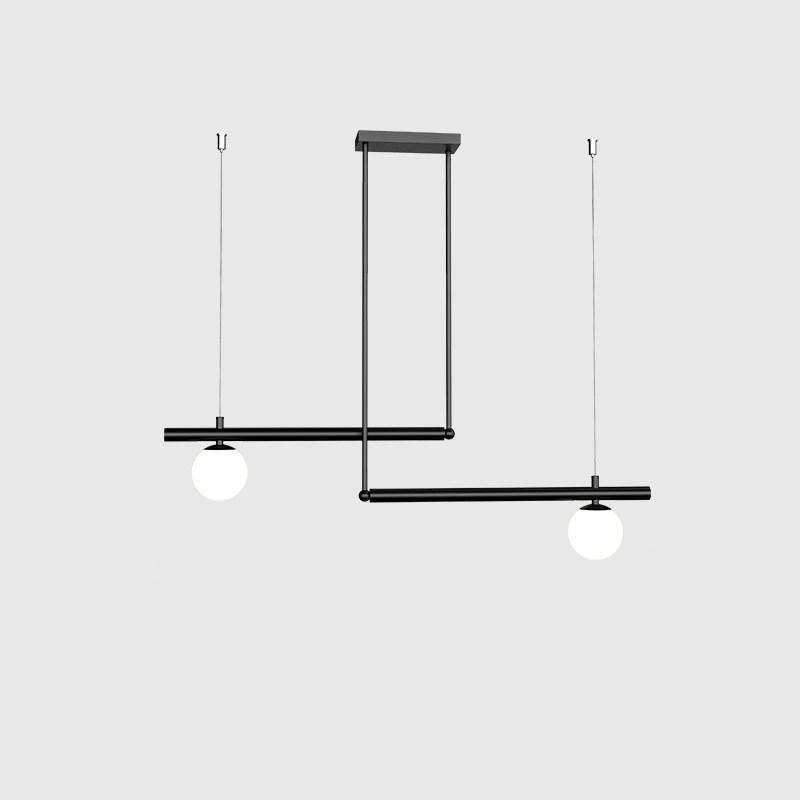 Black Clérachic pendant with two offset bars and two opal globes, hung from a rectangular ceiling plate.