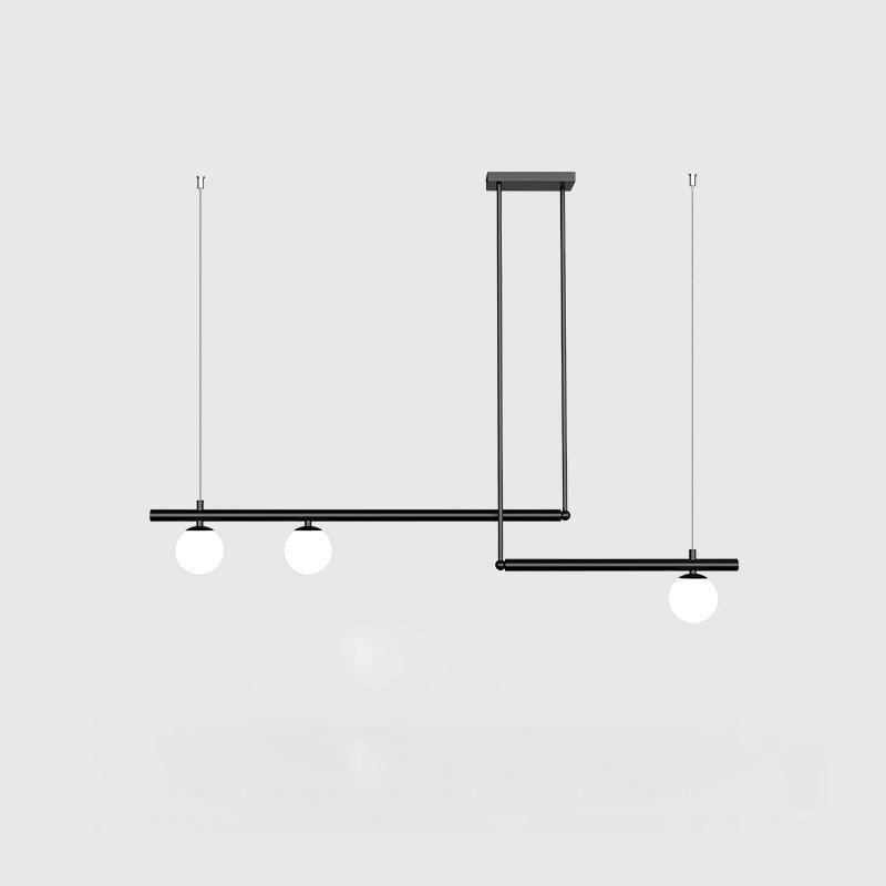 Black Clérachic pendant with two offset bars and three opal globes, hung from a rectangular ceiling plate.