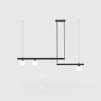 Black Clérachic pendant with two offset bars and three opal globes, hung from a rectangular ceiling plate.