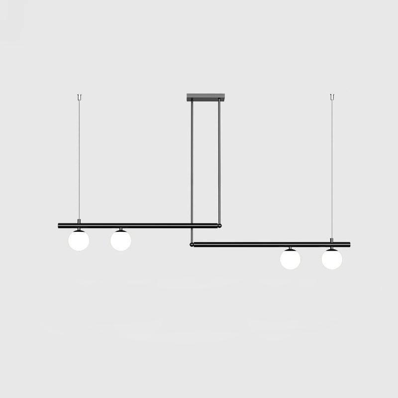 Black Clérachic pendant with two offset bars and four opal globes, hung from a rectangular ceiling plate.