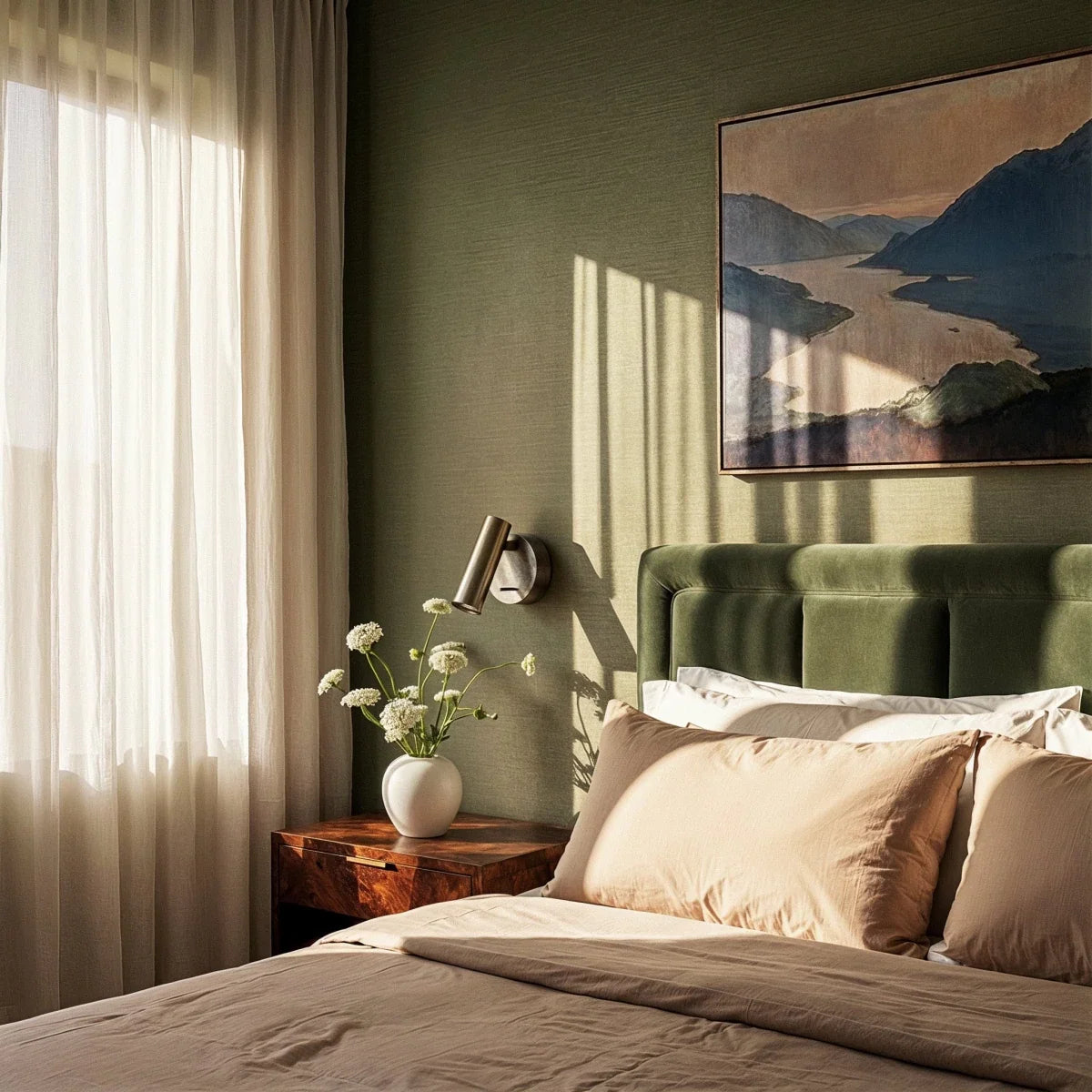 Clérachic wall reading light above a burr-wood bedside table in a green-walled bedroom, beside a velvet headboard.