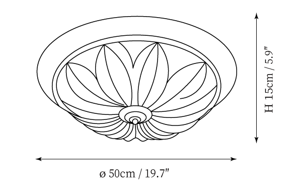 Dimension drawing of this Clérachic ceiling light, with its height and width marked.