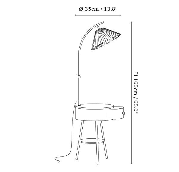 Dimension drawing of the pleated arc floor light, in outline against white.