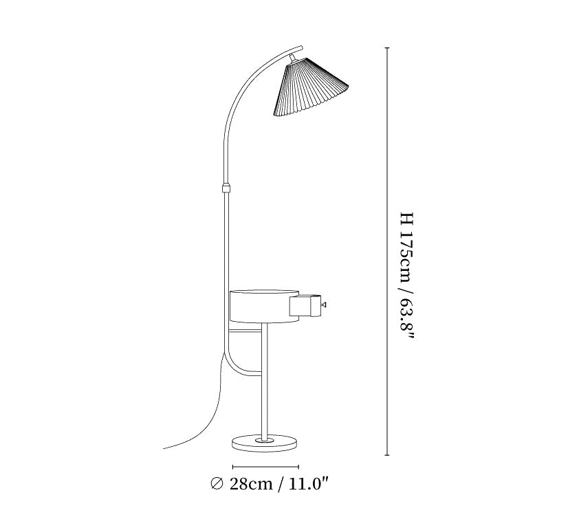 Dimension drawing of the pleated arc floor light, in outline against white.