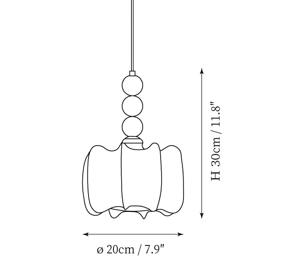 Clérachic pendant light dimension drawing, 1 of 2, every measurement marked in centimetres and inches.