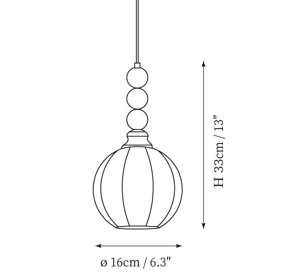 Clérachic pendant light dimension drawing, 2 of 2, every measurement marked in centimetres and inches.