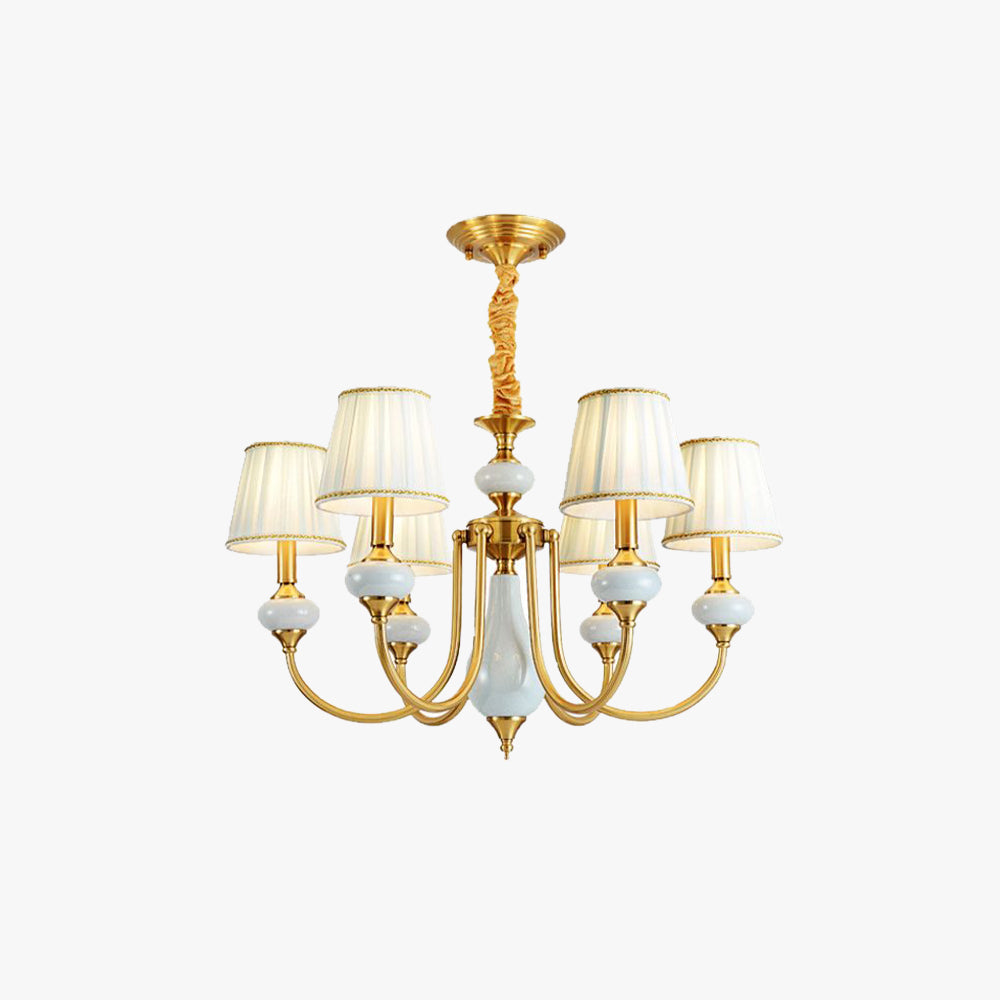Six-arm version of the Clérachic Pleated Blue Fabric Chandelier, displaying all six pleated shades, brass fittings and the fabric-wrapped hanging rod.