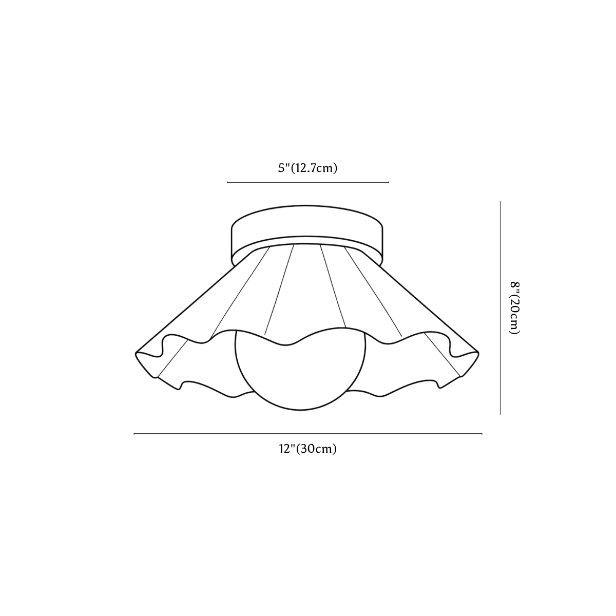 Clérachic ceiling light dimension drawing, every measurement marked in centimetres and inches.