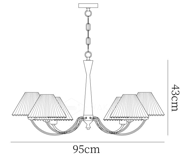 Dimension drawing of the pleated chandelier, in outline against white.