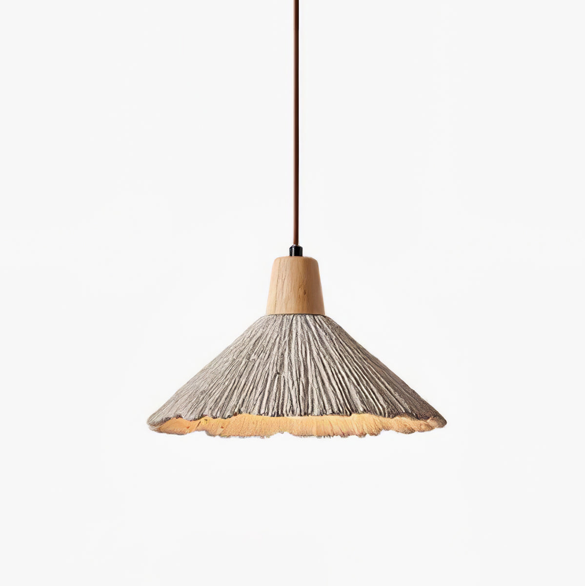 Fluted grey concrete-effect cone shade with a natural wood cap and a scalloped rim, on a clean white backdrop, from Clérachic.