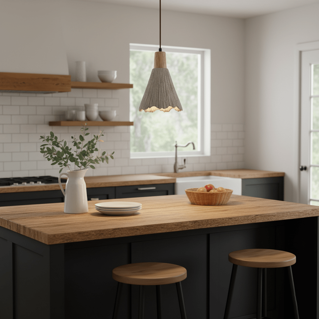 A single pleated pendant from Clérachic hangs over a butcher-block kitchen island, with a window, white tiles and a jug of greenery behind it.