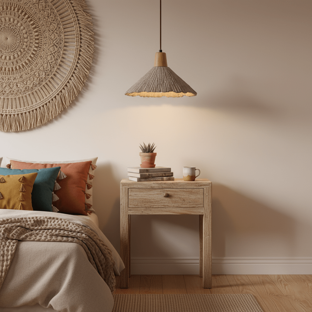 Beside a bed with rust and teal cushions, a Clérachic pendant lights a pale wooden bedside table under a woven wall disc.
