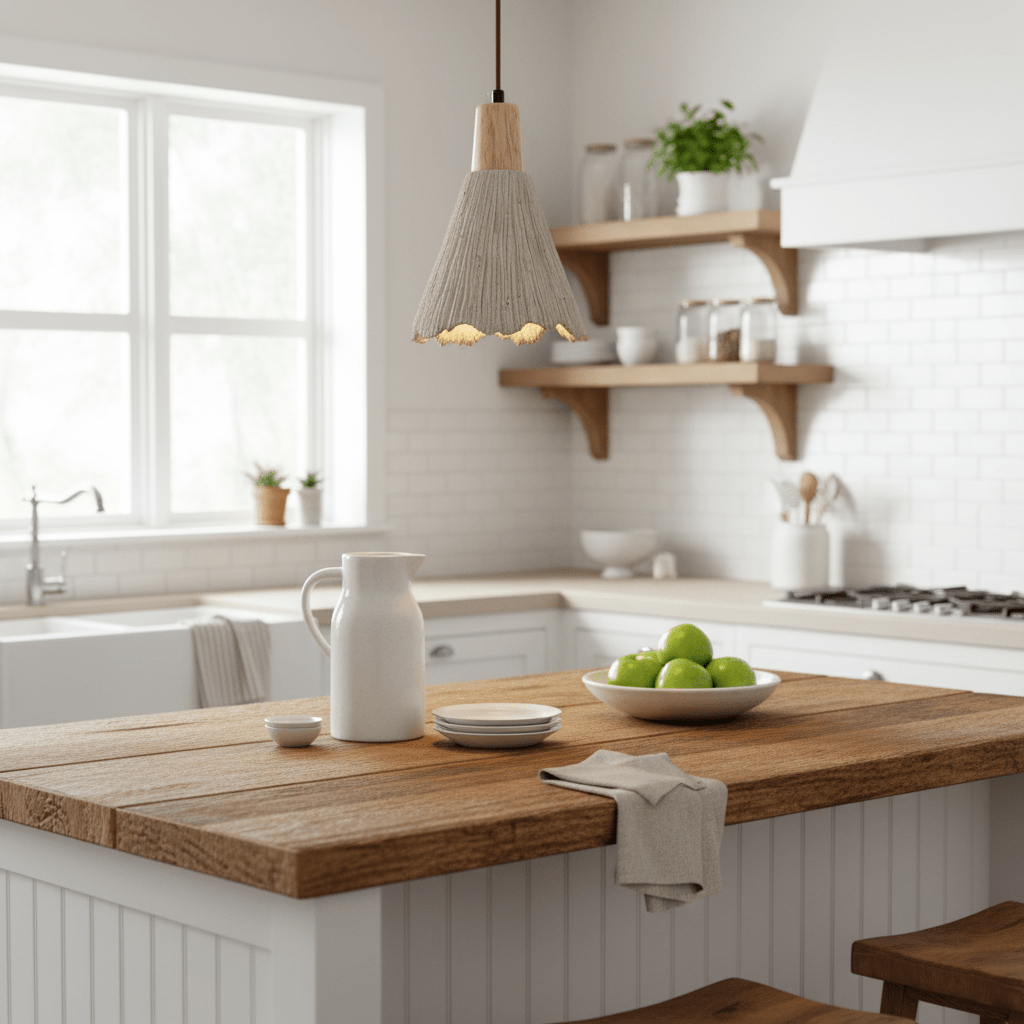 By an open shelf in a white kitchen, a Clérachic pendant hangs near a wooden island holding a bowl of limes.