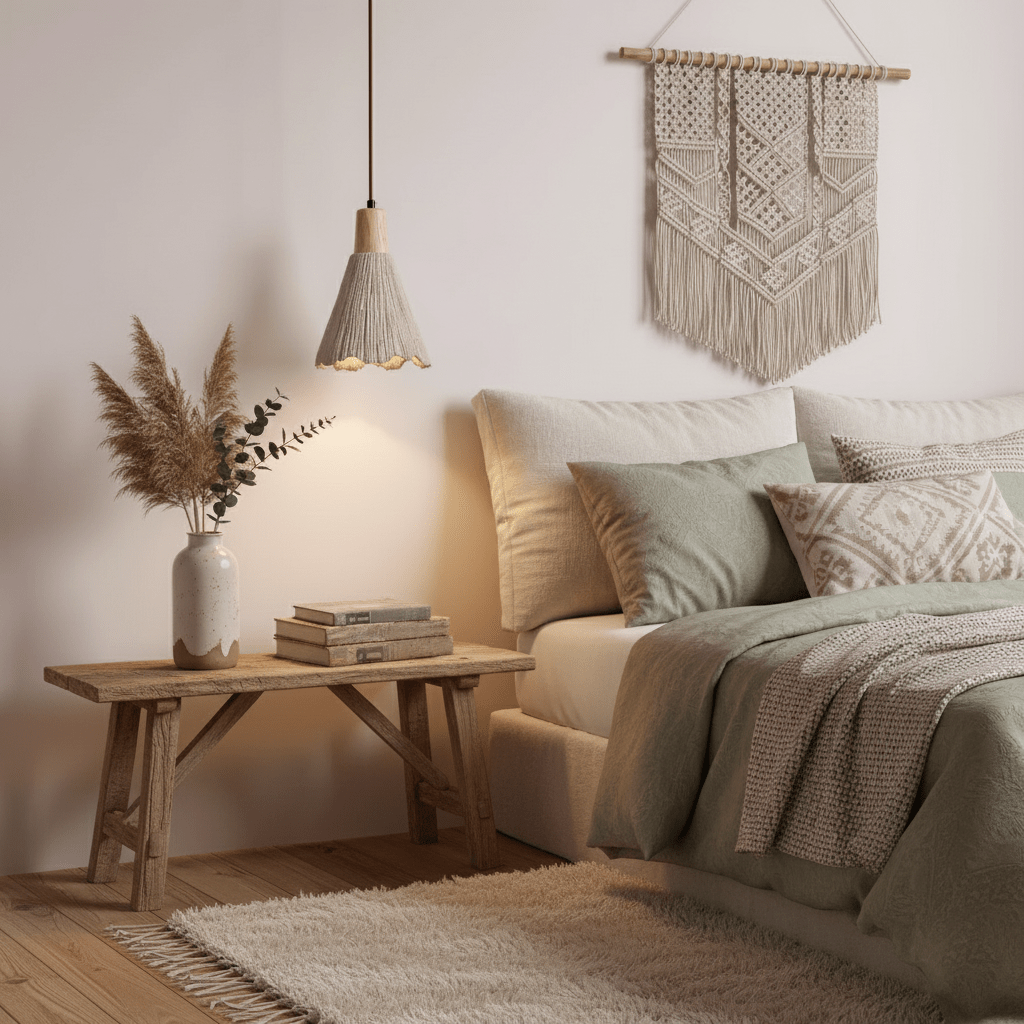 A small bell-shaped Clérachic pendant glows beside a bed with sage bedding, pampas grass and a macramé hanging on the wall.