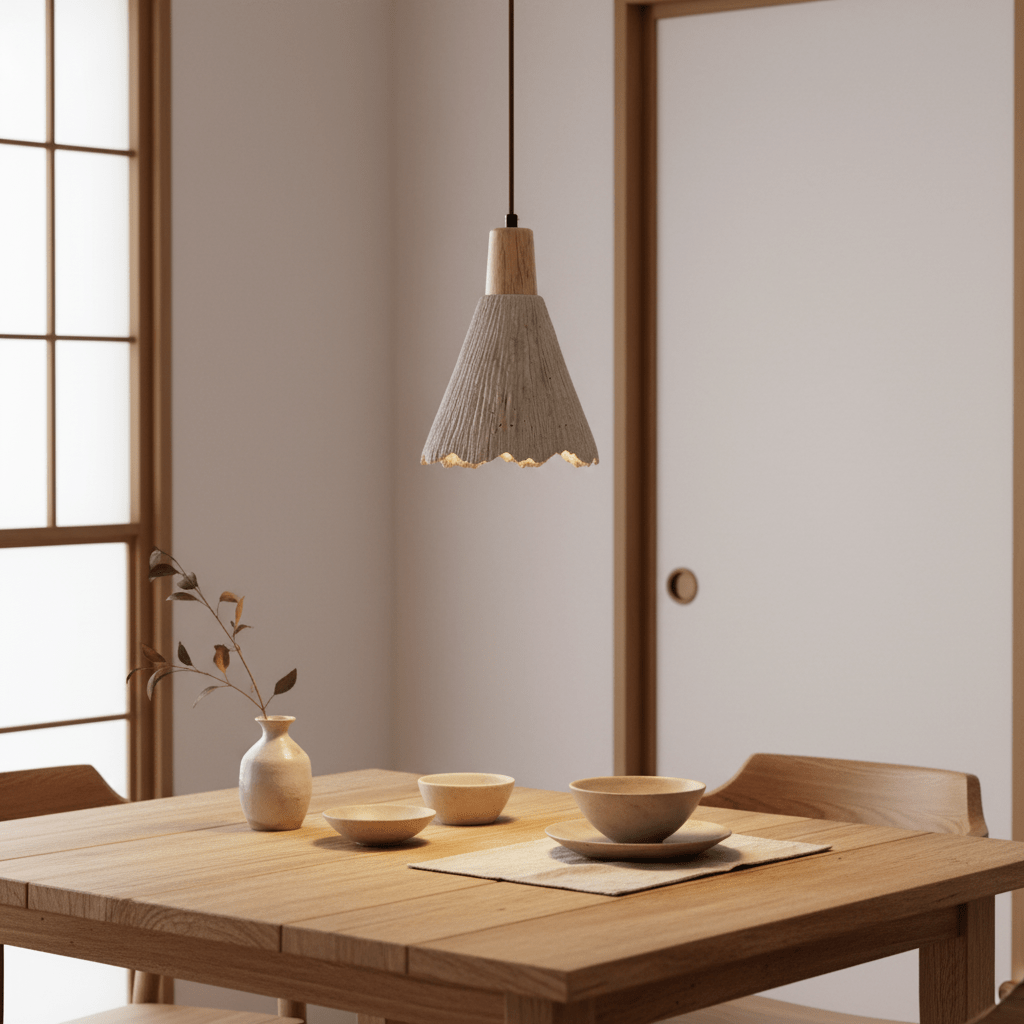 Warm light from a Clérachic pendant falls over a wooden dining table set with small bowls, in front of a sliding paper door.