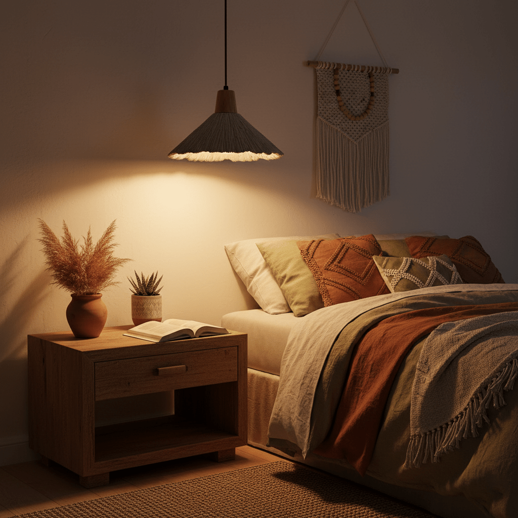 A Clérachic pendant with a darker grey shade casts amber light over a bedside table and a rust-coloured throw in a dim bedroom.