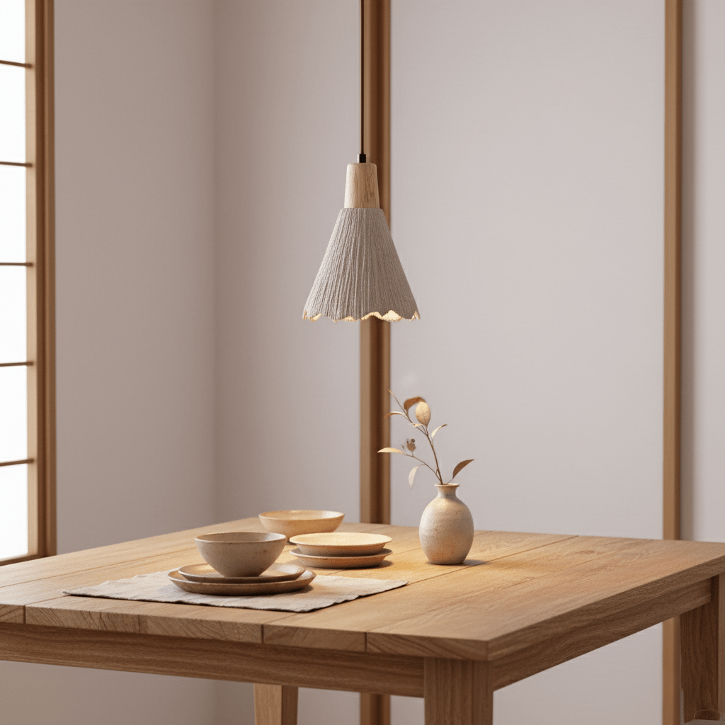 Above a wooden table laid with ceramic plates, a Clérachic pendant hangs in a room with slatted timber screens.