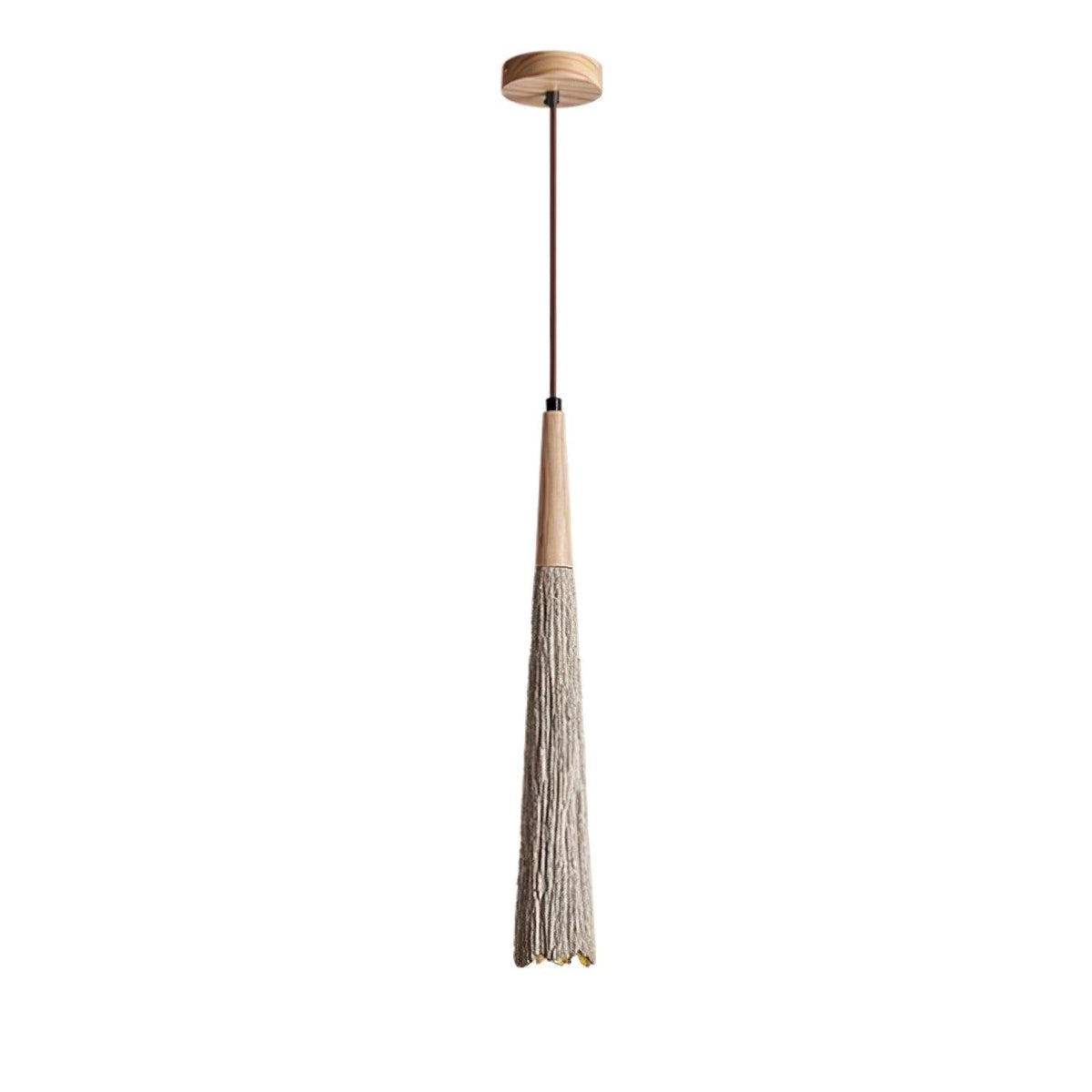 Slim tapered Clérachic pendant with a round wooden ceiling canopy and a brown cord, on a plain white backdrop.