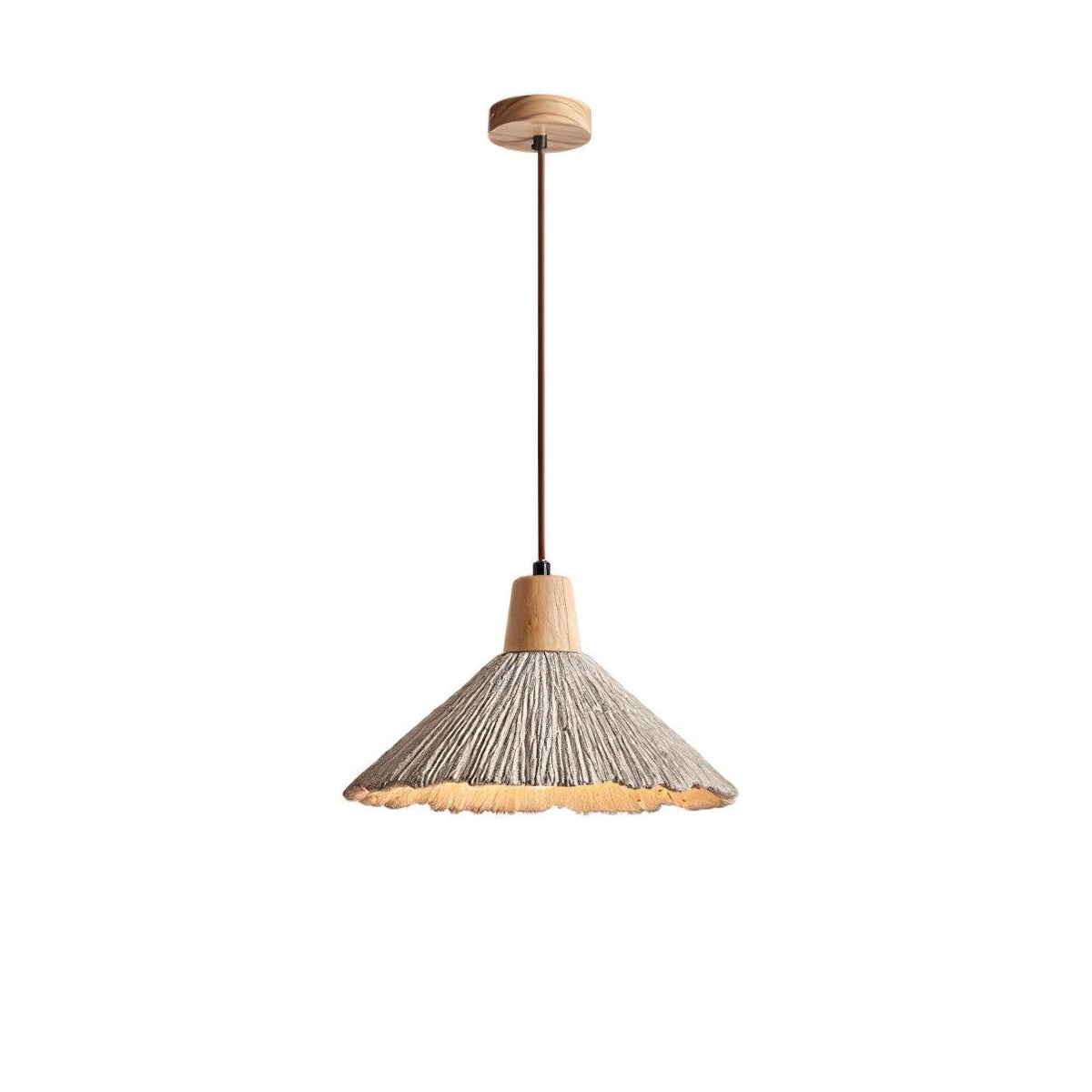 Wide-shade Clérachic pendant with a round wooden ceiling canopy and a long brown cord, on a plain white backdrop.