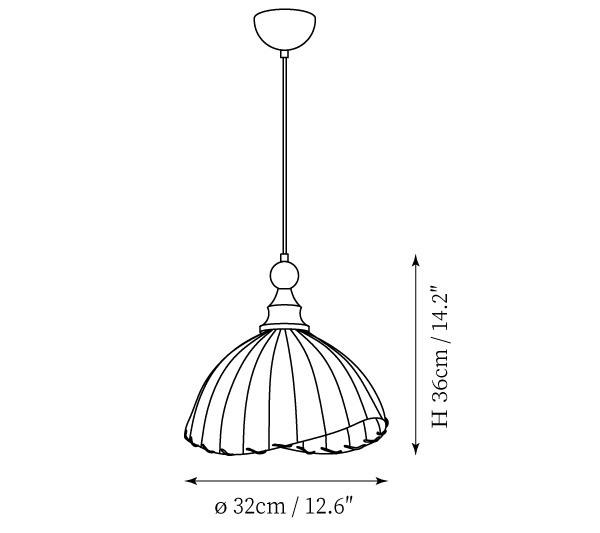 Clérachic pendant light dimension drawing, every measurement marked in centimetres and inches.