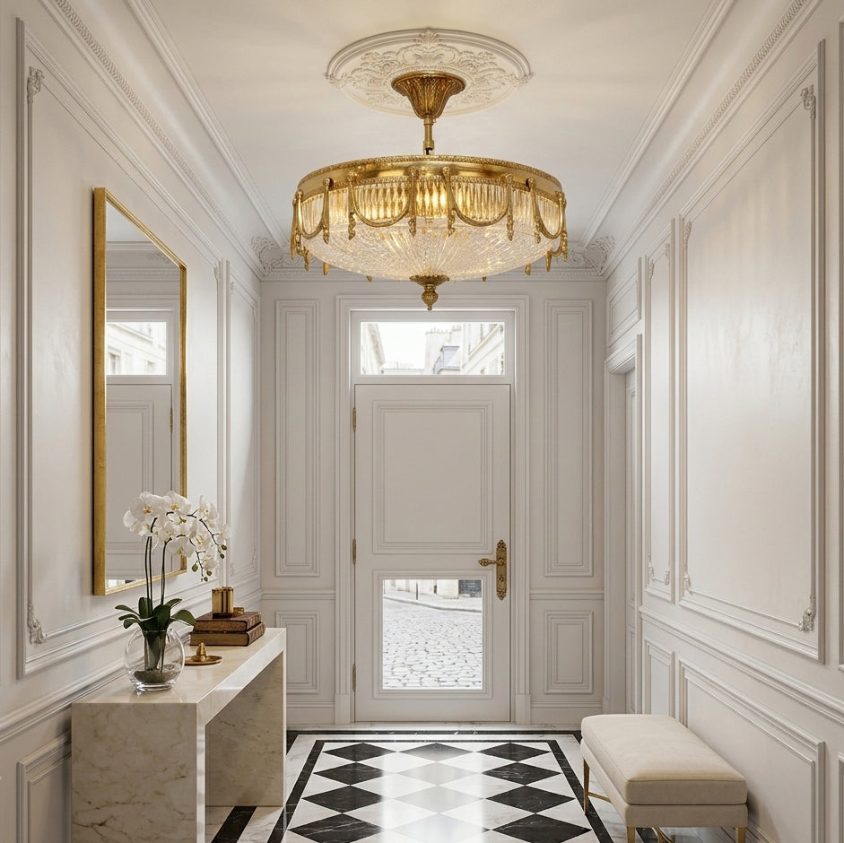 A Clérachic brass ceiling light with pleated glass hangs in a white panelled entrance hall above a marble console and a mirror.