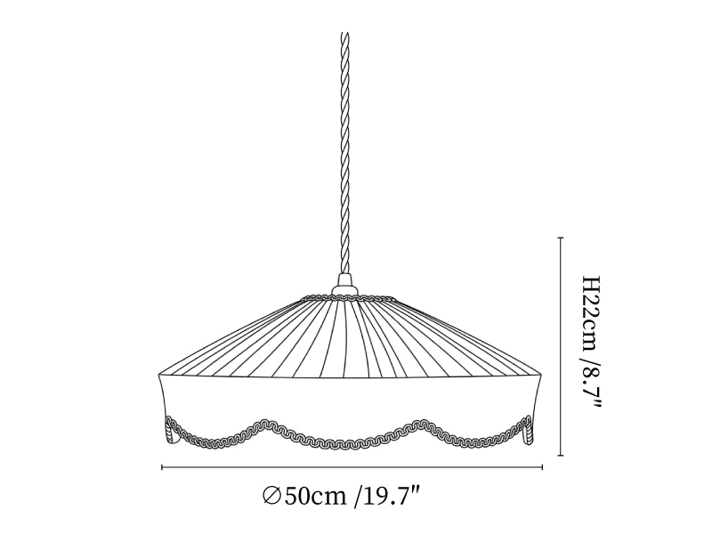 Clérachic pendant light dimension drawing, 2 of 3, every measurement marked in centimetres and inches.