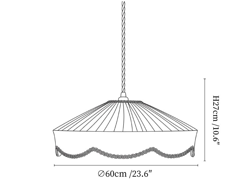Clérachic pendant light dimension drawing, 3 of 3, every measurement marked in centimetres and inches.